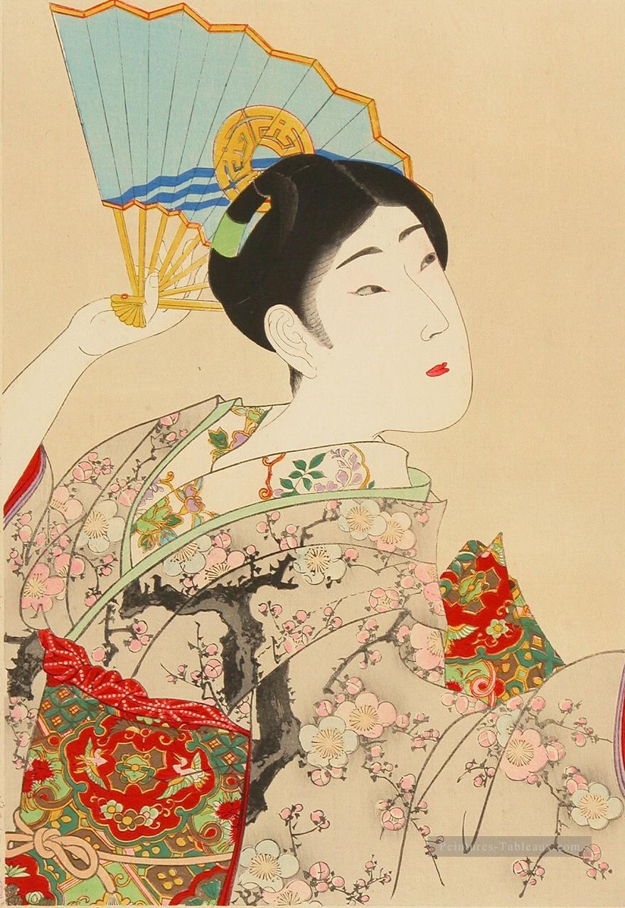 Très belles femmes Shin Bijin une femme japonaise tenant un ventilateur Toyohara Chikanobu Peintures à l'huile